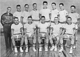 1957. Coach Ponyicsanyi.  Front, l-r: William Hefty, James Zweifel, Armin Daubert, Jack Ponyiscanyi, Ken Kundert.  Rear, l-r: John Hefty, John Holdrich, Art Studer, Steve Boyum, Dick Freitag, Bill Escher, Donald Hoesly